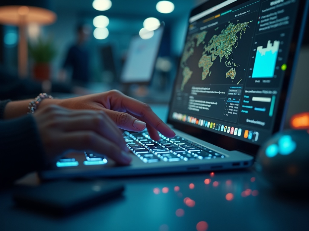 Dłoń osoby pracującej na laptopie wyświetlającym mapę świata z danymi i wykresami, w ciemnym biurze z niebieskim podświetleniem.