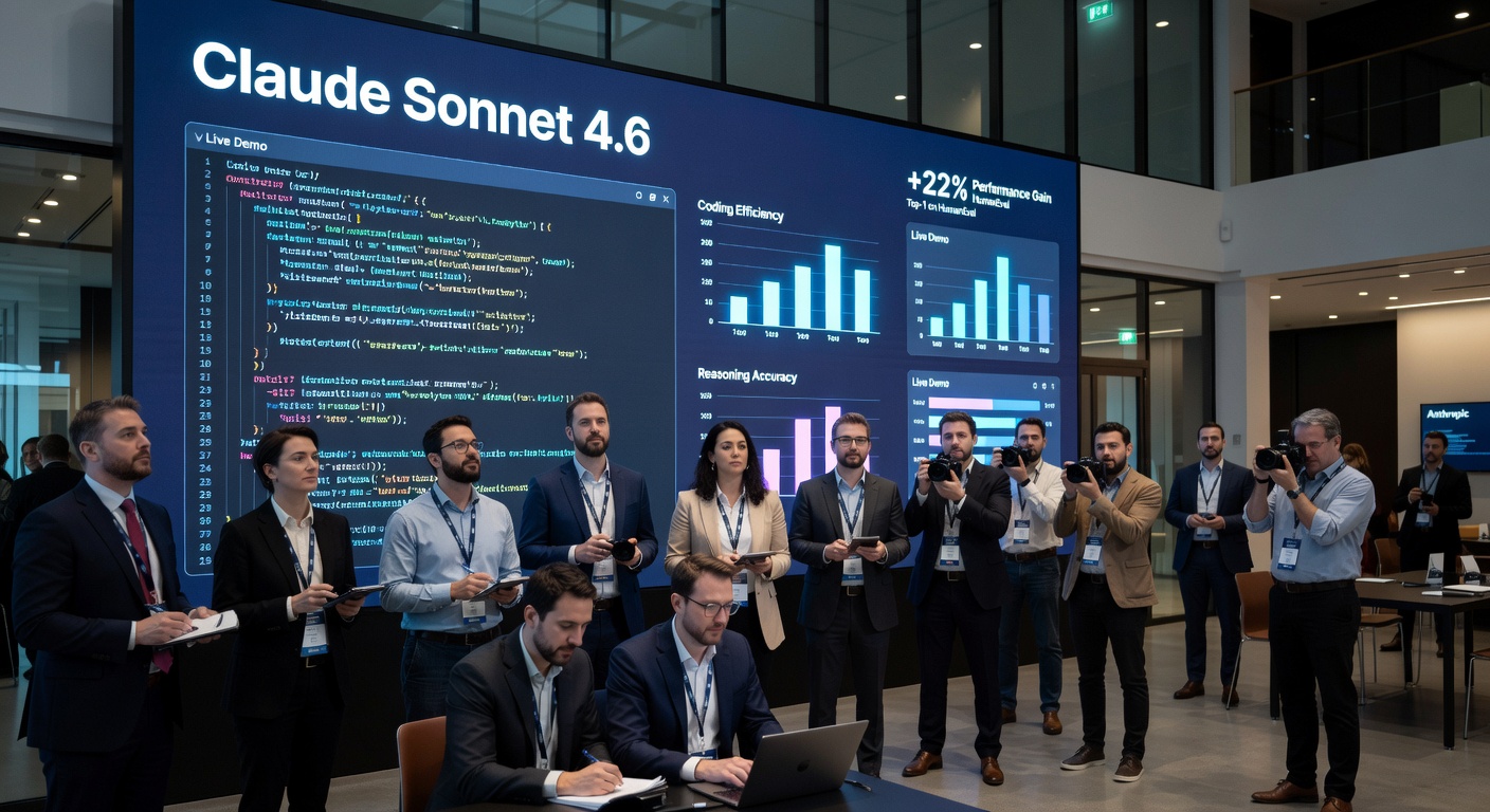 Prezentacja Claude Sonnet 4.6 z kodem, wykresami efektywności kodowania i dokładności rozumowania, z grupą osób obserwujących i fotografujących.