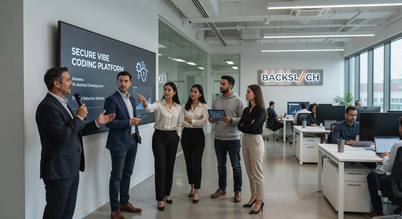 Zespół pracowników firmy BACKSL/CH słucha prezentacji na temat platformy Secure Vibe Coding Platform, która oferuje AI-Assisted Development i Threat Detection Module.