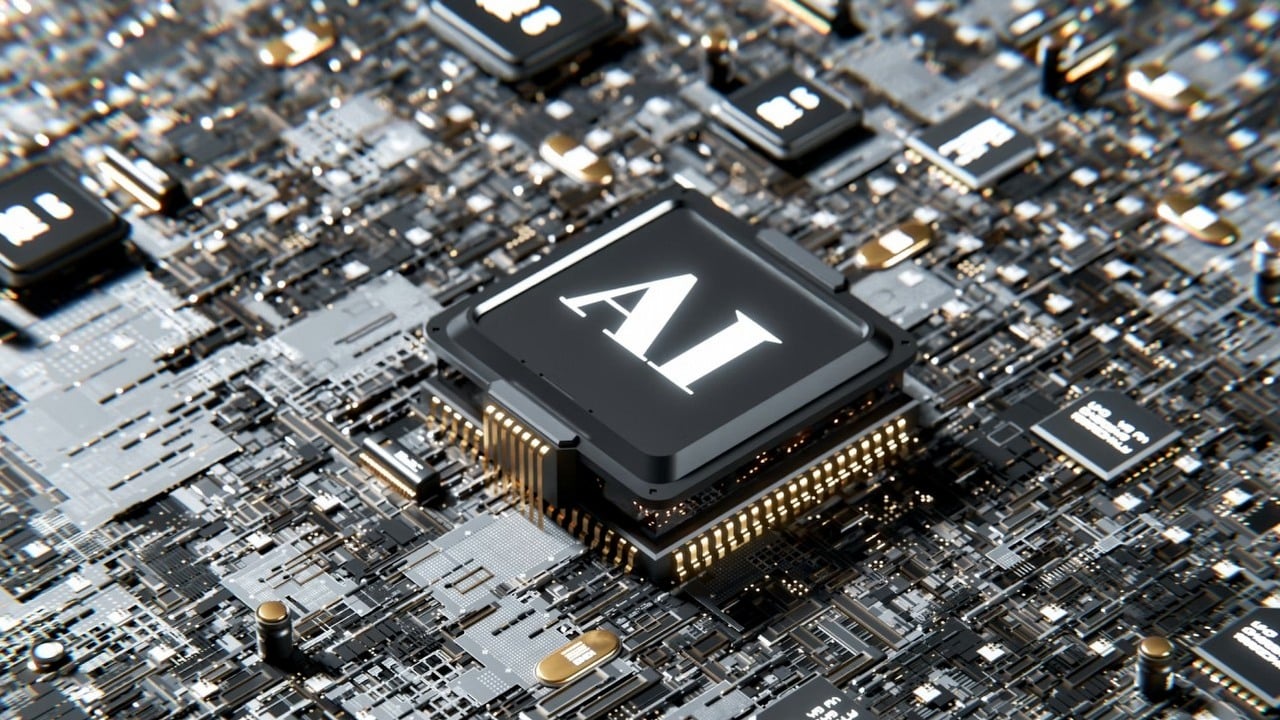 Zbliżenie na procesor z napisem AI na tle zaawansowanej płyty głównej z elementami elektronicznymi.