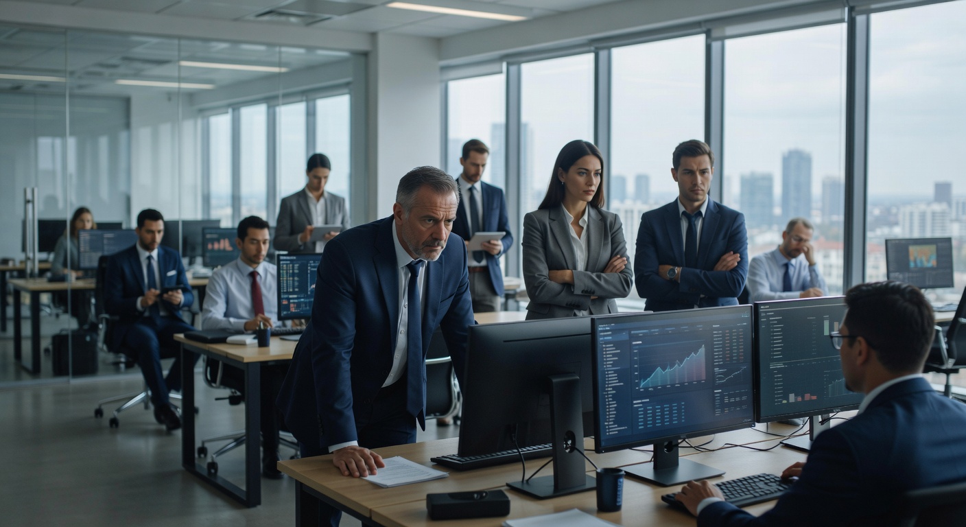 Grupa profesjonalistów w garniturach pracująca w nowoczesnym biurze, analizująca dane na ekranach komputerów z widokiem na panoramę miasta.