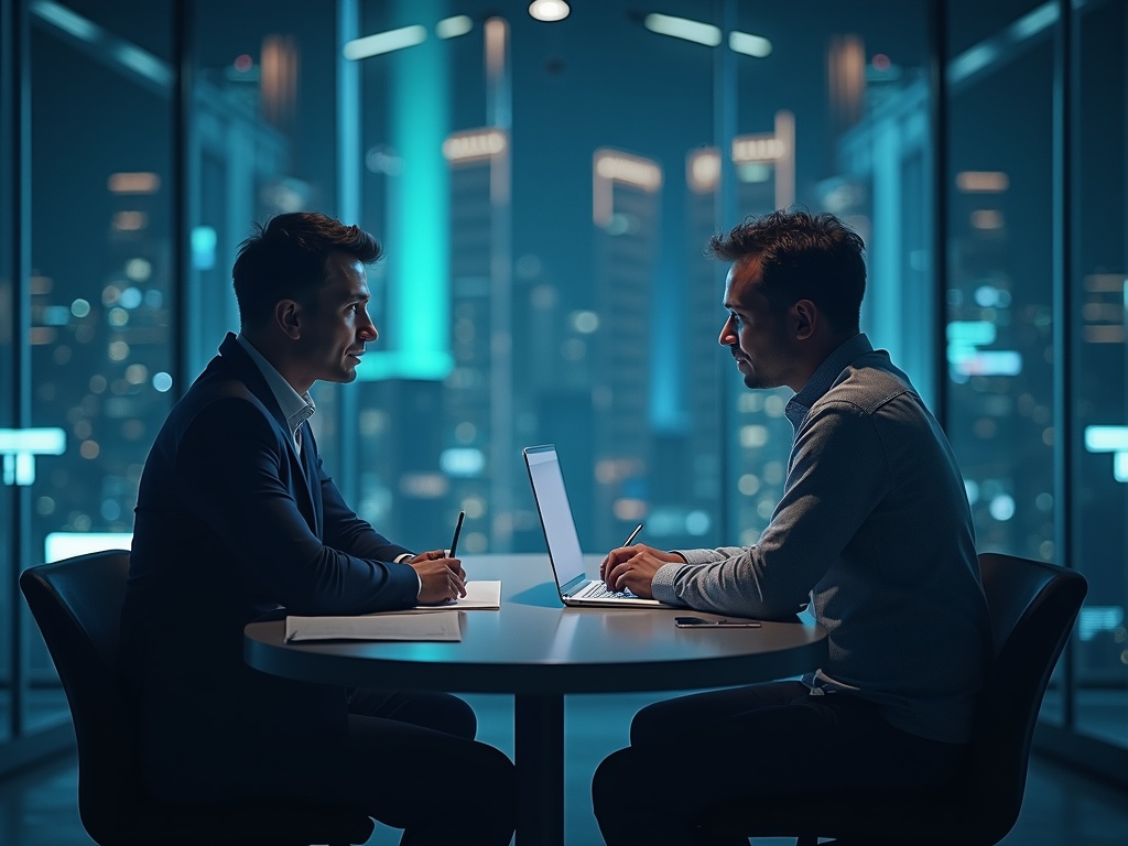 Dwóch mężczyzn w garniturach siedzi przy okrągłym stole w nowoczesnym biurze z widokiem na nocne miasto, pracując na laptopie i notując.