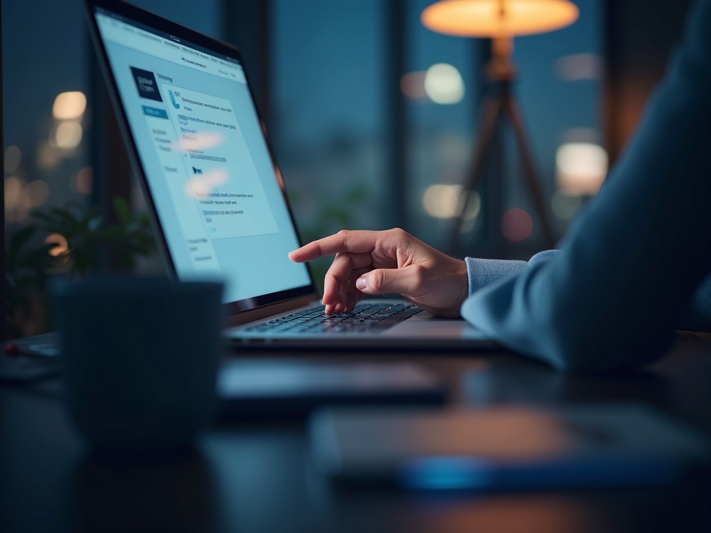 Dłoń osoby pracującej na laptopie w nocy, z widocznym ekranem wyświetlającym treści i kubkiem na biurku.