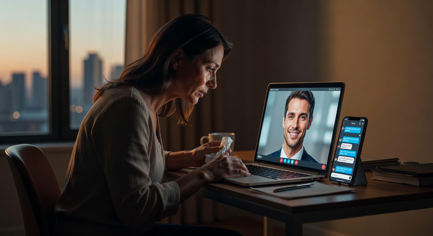 Kobieta płacząca podczas wideokonferencji z mężczyzną, siedząca przy biurku z laptopem i telefonem komórkowym, z widokiem na miasto w tle.