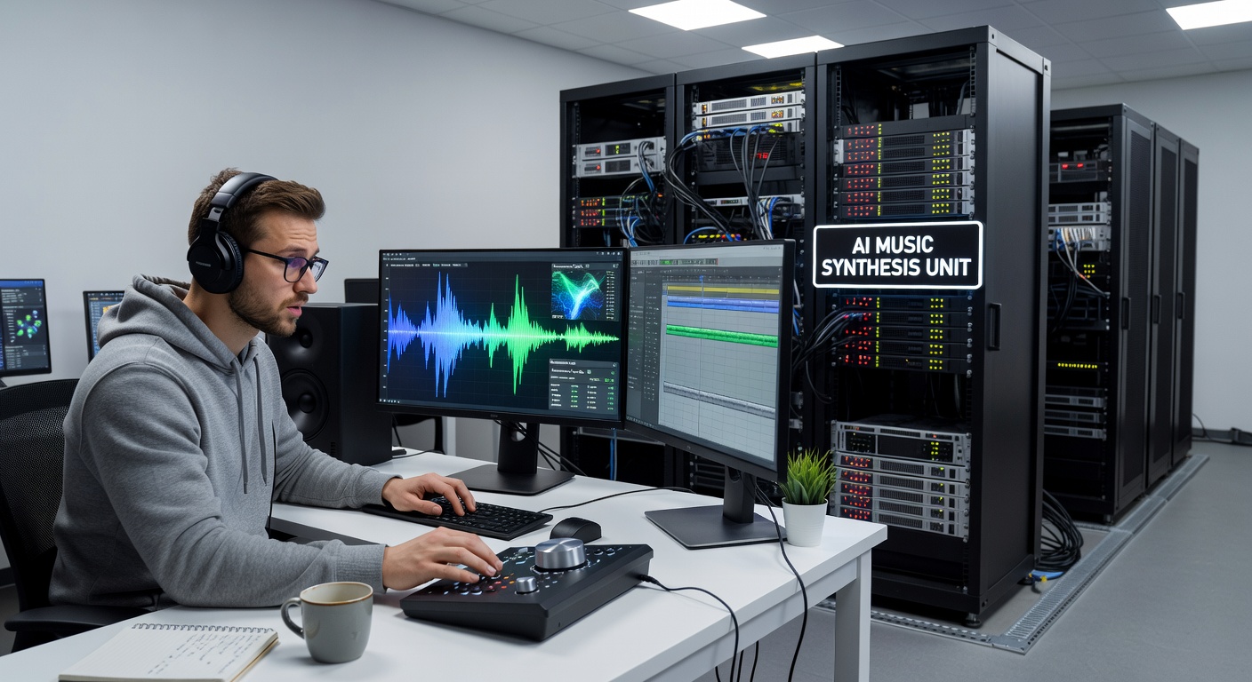 Mężczyzna w słuchawkach pracuje przy komputerze w pomieszczeniu serwerowym, na ekranach widoczne są fale dźwiękowe i sekwencer muzyczny, obok stoją szafy serwerowe z tabliczką