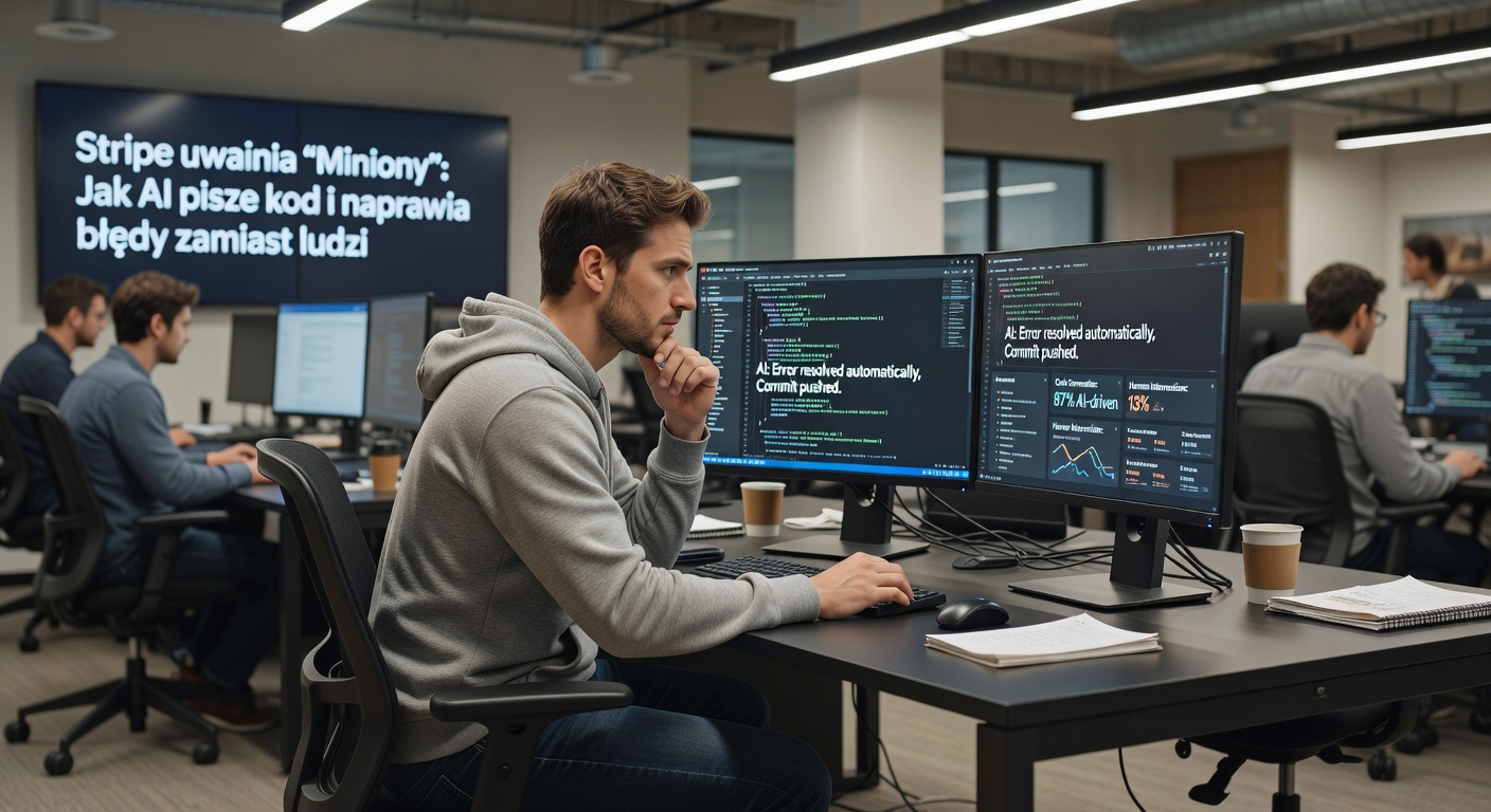 Programista w okularach pracuje przy biurku z dwoma monitorami, na których wyświetlany jest kod i wykresy. Na dużym ekranie w tle widnieje napis 
