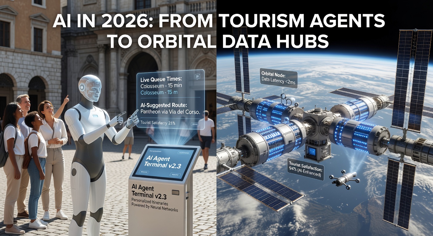 Ilustracja przedstawiająca wizję sztucznej inteligencji w 2026 roku, dzielącą się na dwie części: po lewej stronie, robot AI pomaga turystom w Rzymie, wyświetlając informacje o czasie oczekiwania i sugerowanych trasach; po prawej stronie, zaawansowana stacja kosmiczna z orbitalnym węzłem danych, symbolizująca przyszłość przetwarzania danych w kosmosie.