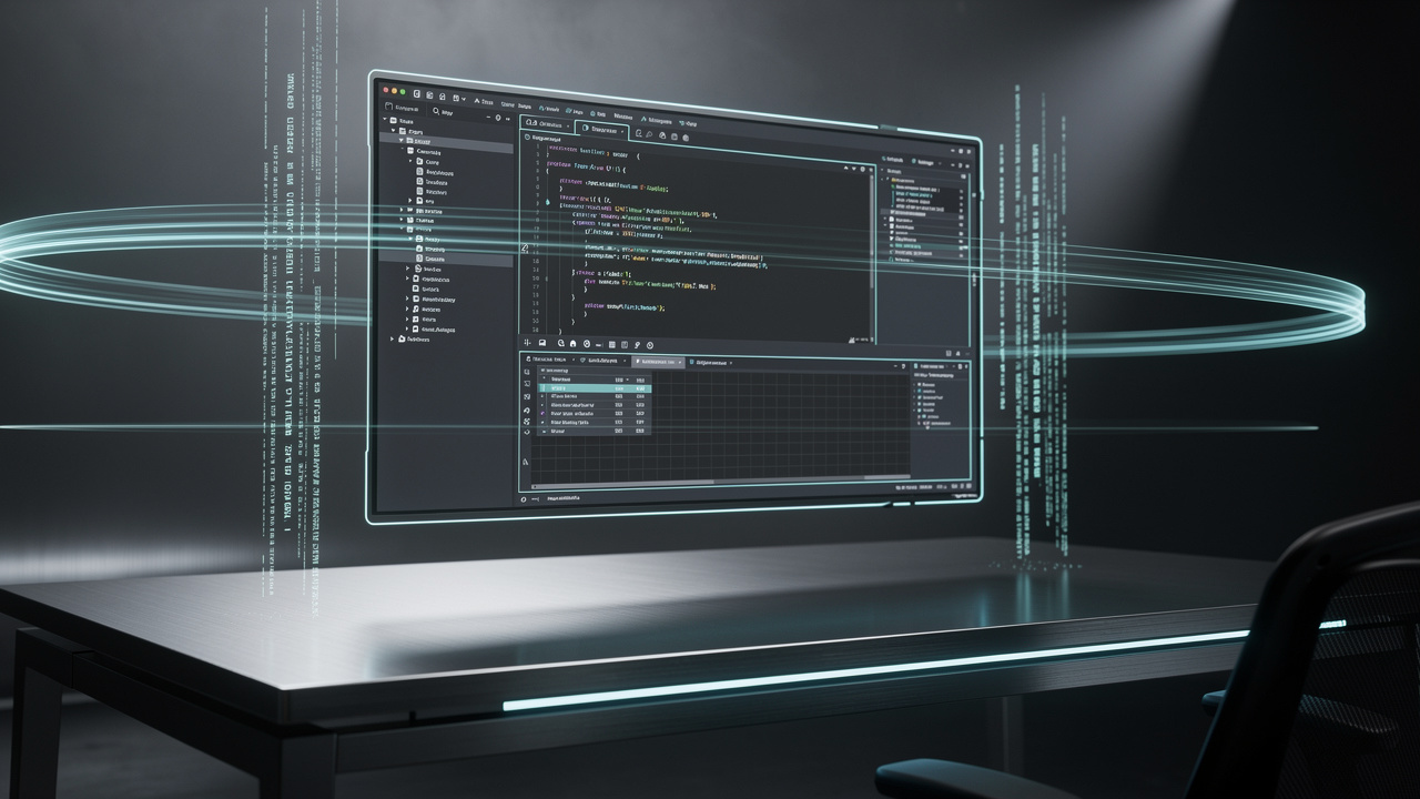 Desktop: terminal, prompt i panel recenzji w jednym rytmie